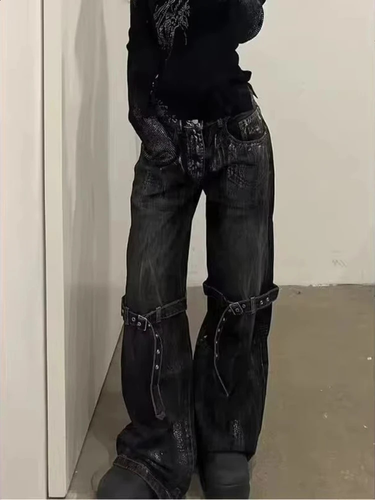 HOUZHOU Y2K Gothic Women Jeans Grunge Hip Hop Harajuku Black Denim Trousers Female Vintage Streetwear Punk High Waist Pant 250206