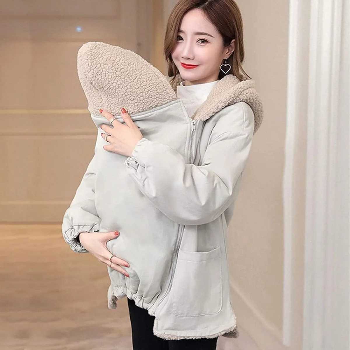Multi functional womens maternity baby carrier hooded jacket zipper kangaroo jacket detachable hooded sweater winter sweater W250207