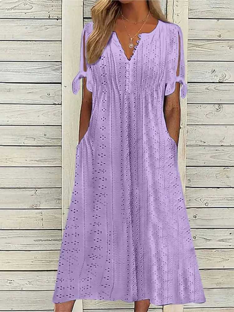 Summer Solid Color Short Sved Womens Dresses Fashion Sexy Hollow V Neck Lace Ruffle Casual Simple Fe Beach Holiday DressXJ2500207
