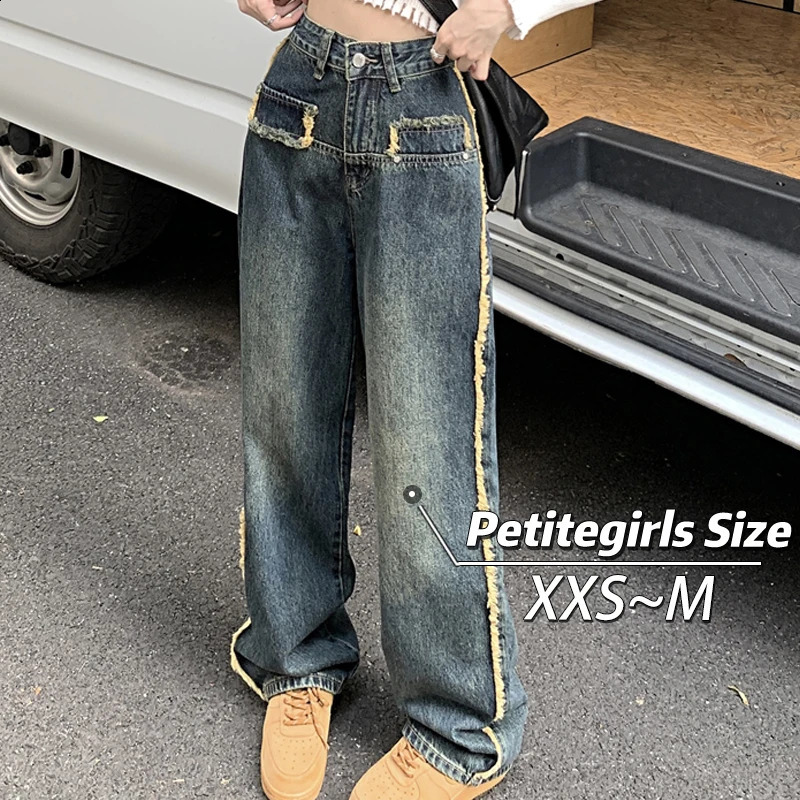 150 Petite girls American vintage furred jeans for women High waisted straight leg wide mop xs with a height of nine points 250206