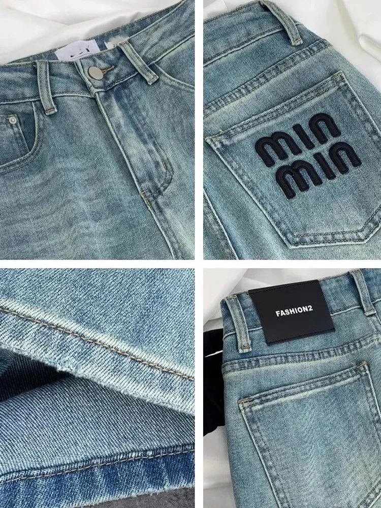 Blue Women Jeans Streetwear Vintage Fashion High Waisted Wide Leg Jean Female Trouser Letter Hip Hop Baggy Denim Pants Z260314