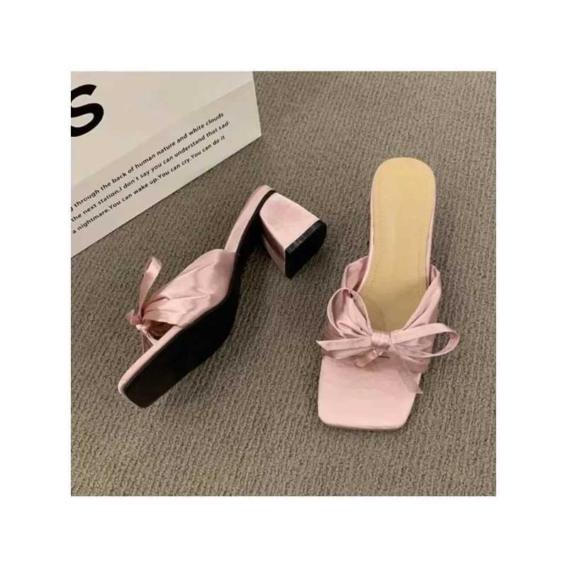 Bow Chunky Summer Shoes 2024 New Sexy High Heels Women Slippers Sandals Designer Flip Flops Open Toe Party Pumps SlidesXJ250207