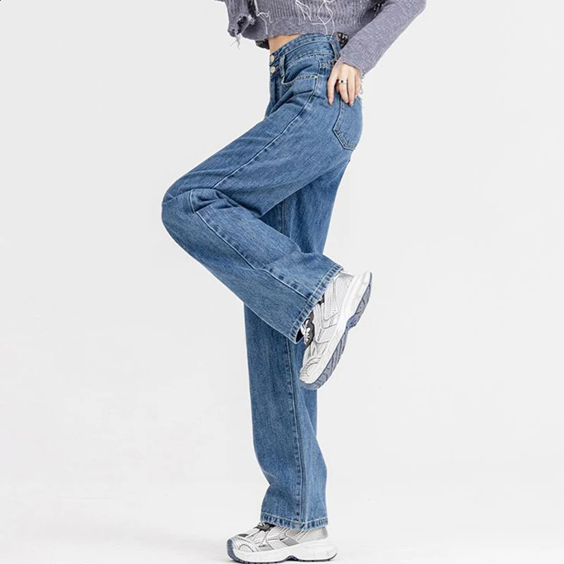 Woman Chic Double Buckle High Waist Jeans Girls Harajuku Wide Leg Casual Pants Female Korean Fashion Straight Denim Trousers 250206