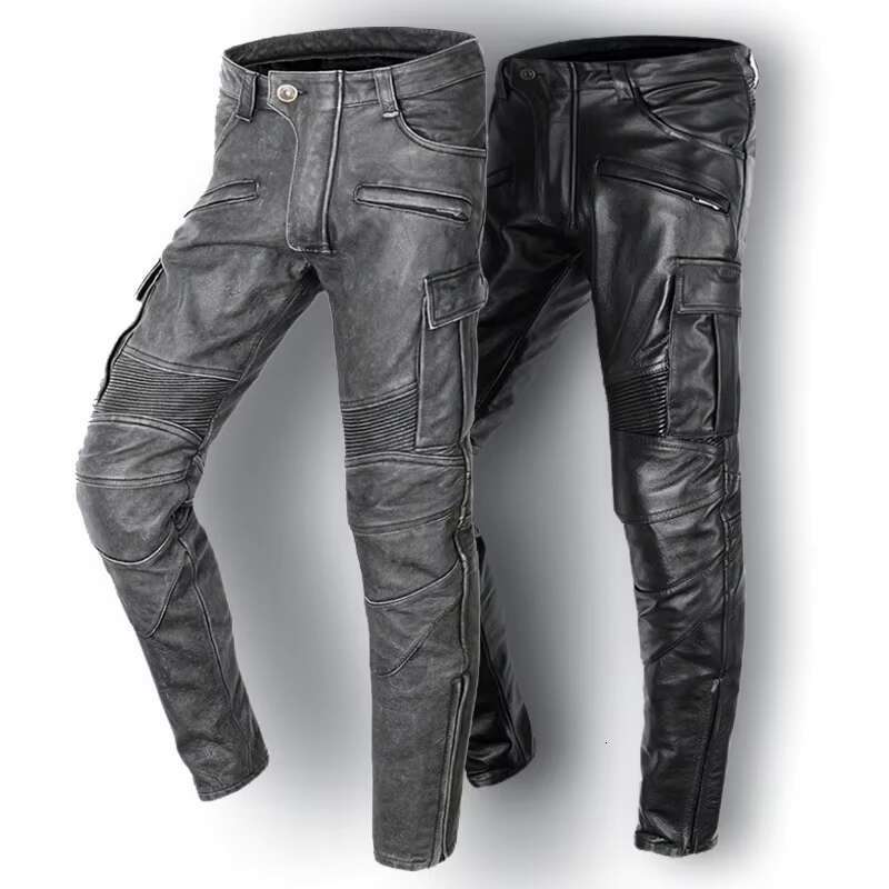Leather Pants Riding Windproof Retro Motorcycle Vintage Grey Black Leather Trousers Men Thick Natural Cowhide Men's Biker Pants