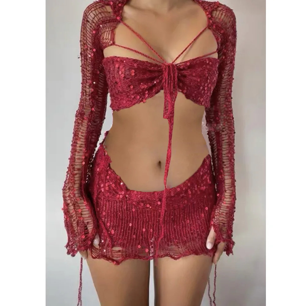 Crochet Knitted Dress Two Piece Skirt Sets Summer Women Clothes Sexy Crop Tops Elegant Knit Sequin Dress 2 Piece Set Outfit 250206
