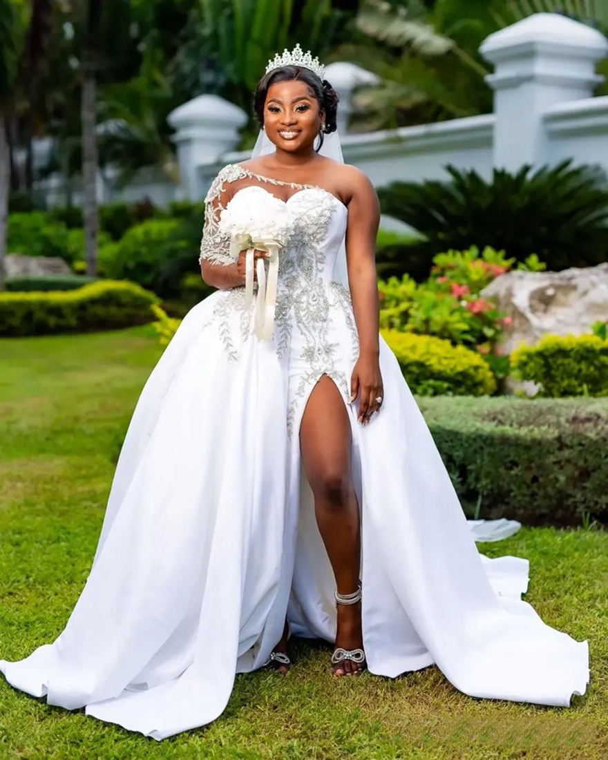 2025 Plus Size Mermaid Dresses Bride With Detachable Train Bridal for African Black Women One Shoulder Side Split Rhies Wedding Gowns