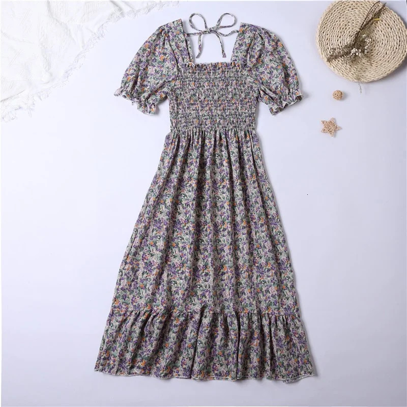 Summer pleated womens chiffon dress casual beach holiday short sleeved square neckline Midi Bohemian unprinted Vestidos 250206