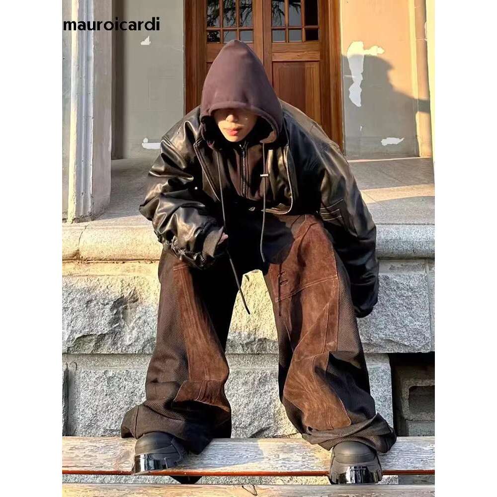 Men's Leather Jacket Mauroicardi Autumn Winter Oversized Cool Black Thickened Warm Pu Leather Bomber Jacket Men Hood Designer Fake 2 Clothes