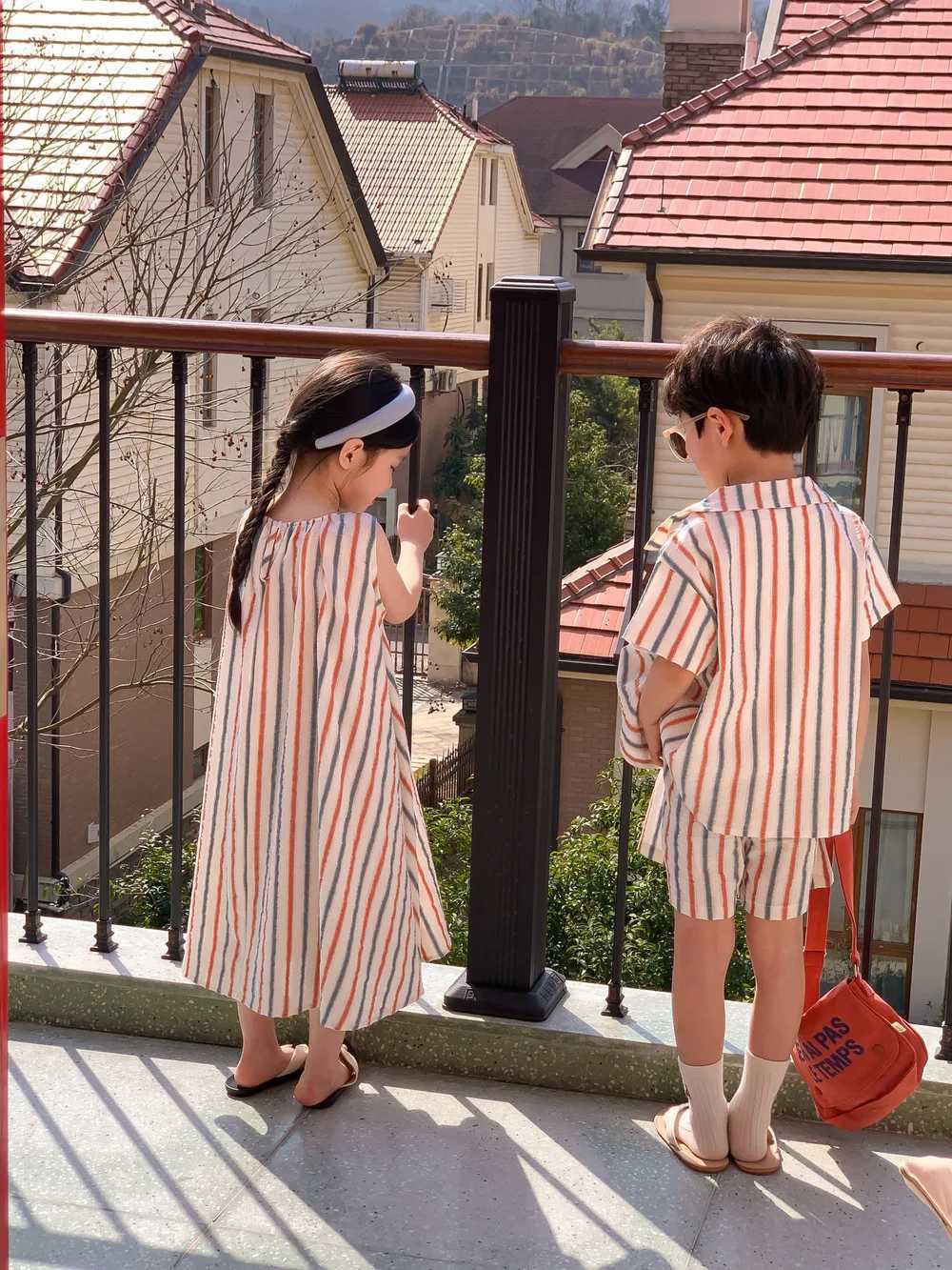Brother Sister 2023 Summer Striped Boy Clothes Set Girl Striped Dress Korean Style family matching outfits Sibling look W250207
