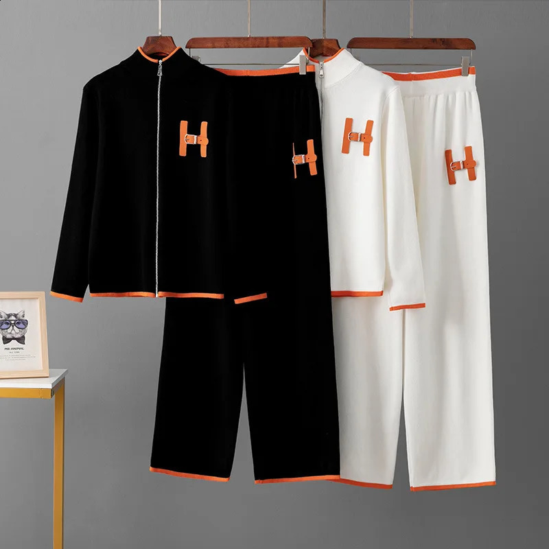 Leisure and Fashion Womens Set Spring Autumn Zipper Round Neck TopKnitted Loose Sports Pants Elegant Two Piece 250206