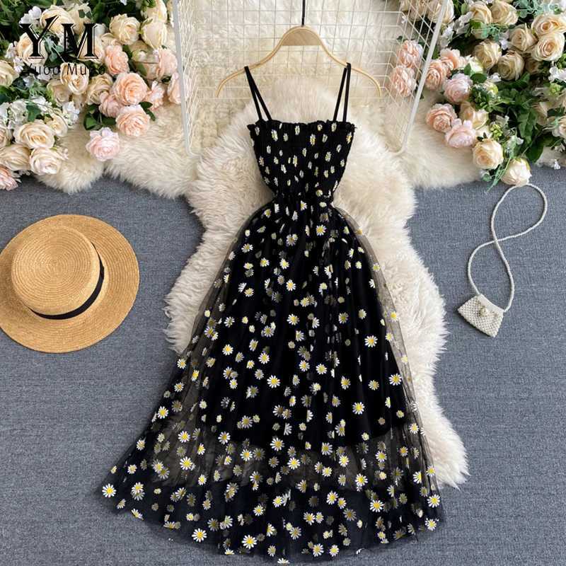 Yuoooo Korean Fashion Daisy Flower Print Mesh Party Dress Summer Two Layers Spaghetti Strap Vacation Midi Dress Beach VestidosXJ2500207