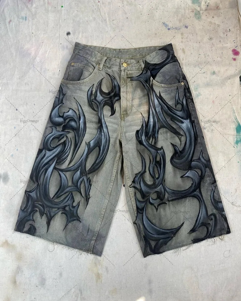 Gothic Punk Graphic Print Denim Shorts American Retro Baggy Five Points Straight Pants Men Harajuku Trend Y2K Streetwear 250207