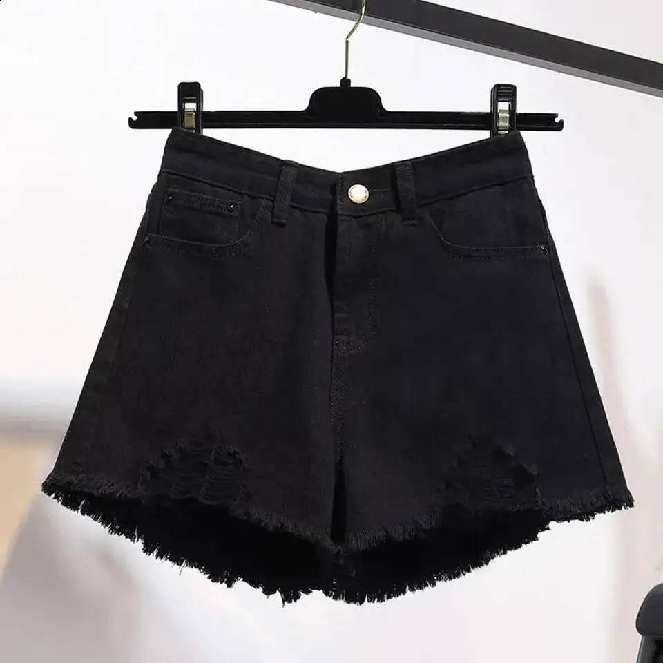 Summer Womens Cow Shorts Korean High Waist Casual Denim Shorts Pocket Tassel Perforated Ripped Holes Y2K White Jeans 250207