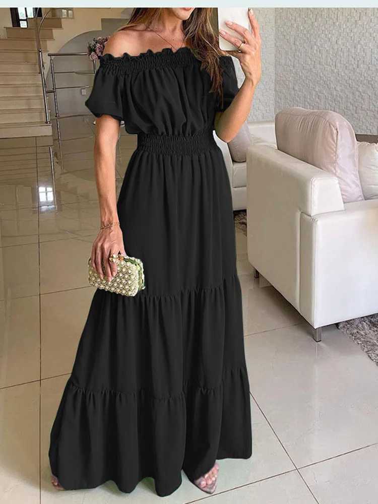 Ele Solid Color Puff Short Sve Women Dress Ruffles Ong Shoulder Elastic Waistband Dresses Boho Style Robe Femme VestidosXJ2500207