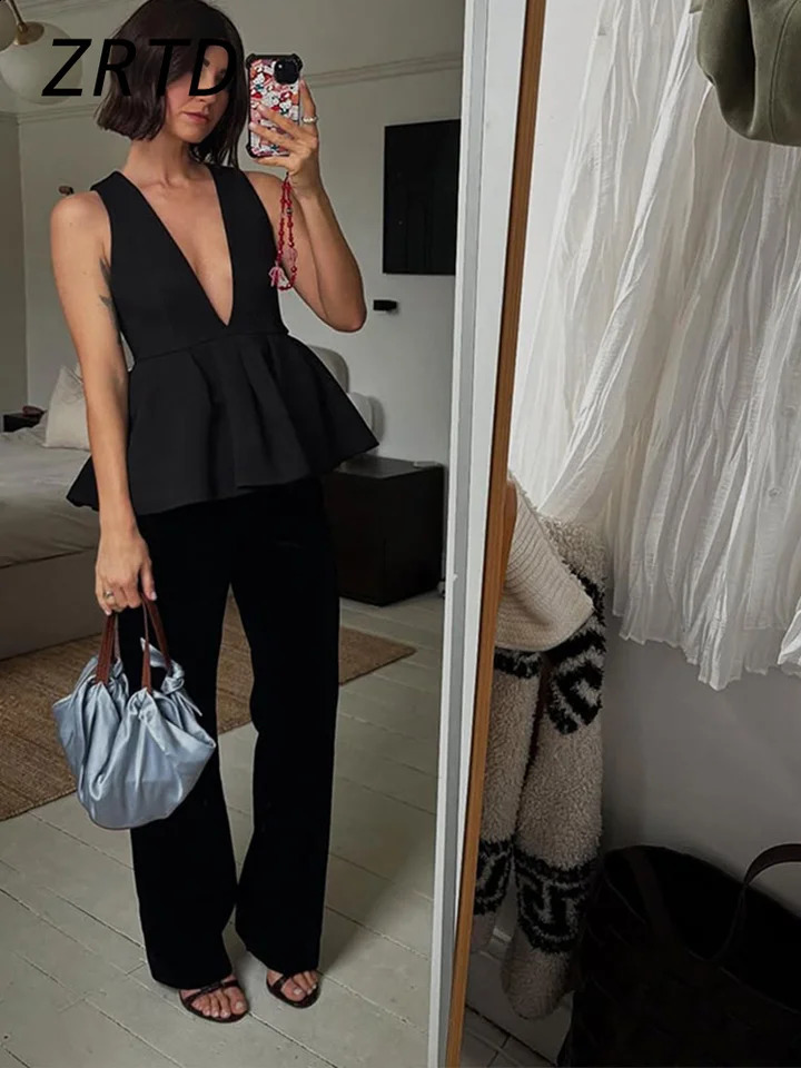Elegant Ruffle Vest Pants Sets Women Sexy Vneck Tank Tops Loose High Waist Harem Pant Spring Lady Solid Vacation Outfits 250206
