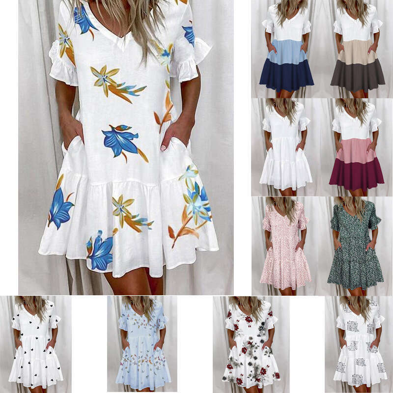 2021 European and American women's short print ruffle pocket dress for women 2024 new casual versatile fashion clothing
