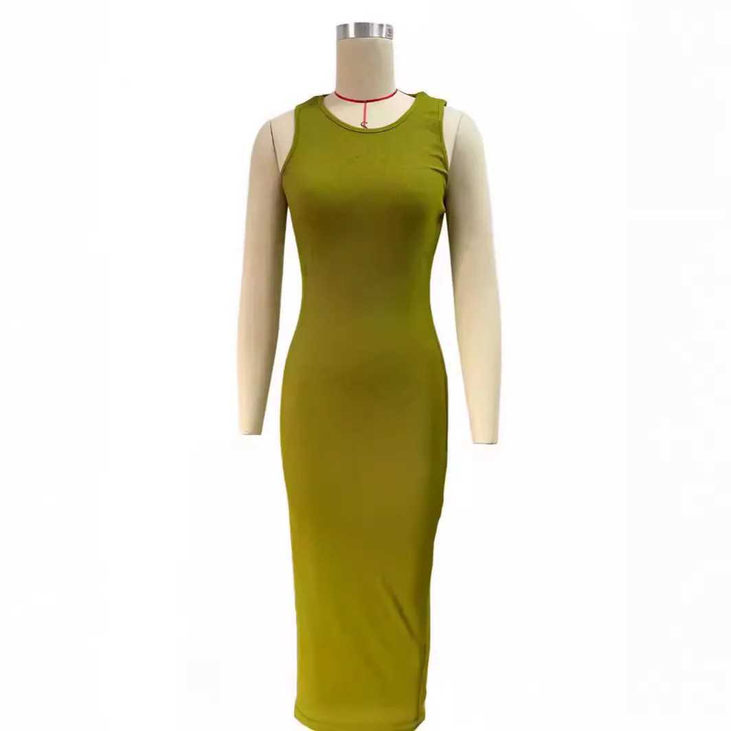 Sexy Sveles Knitted Long Dress For Women Fashion O-neck Pure Color Bodycon Dress Summer Split Package Hips Party Dress BlackXJ2500207