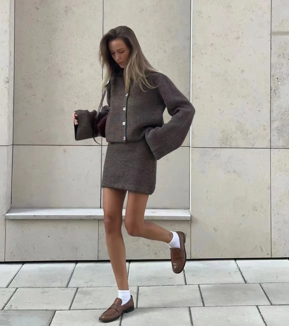 Winter Fashion Women Turn-Down Collar Long Sleeve Single Breasted Cardigan Sets Elegant Solid Knitted Mini Skirt Suits 250207