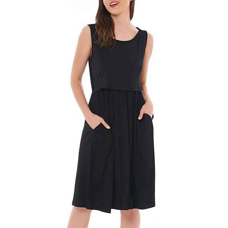 Womens Pregnancy Sleeveless Nursing Stitching Solid Colors Dress Maternity Dress Breastfeeding Clothes Knee Pregnancy Dresses W250207