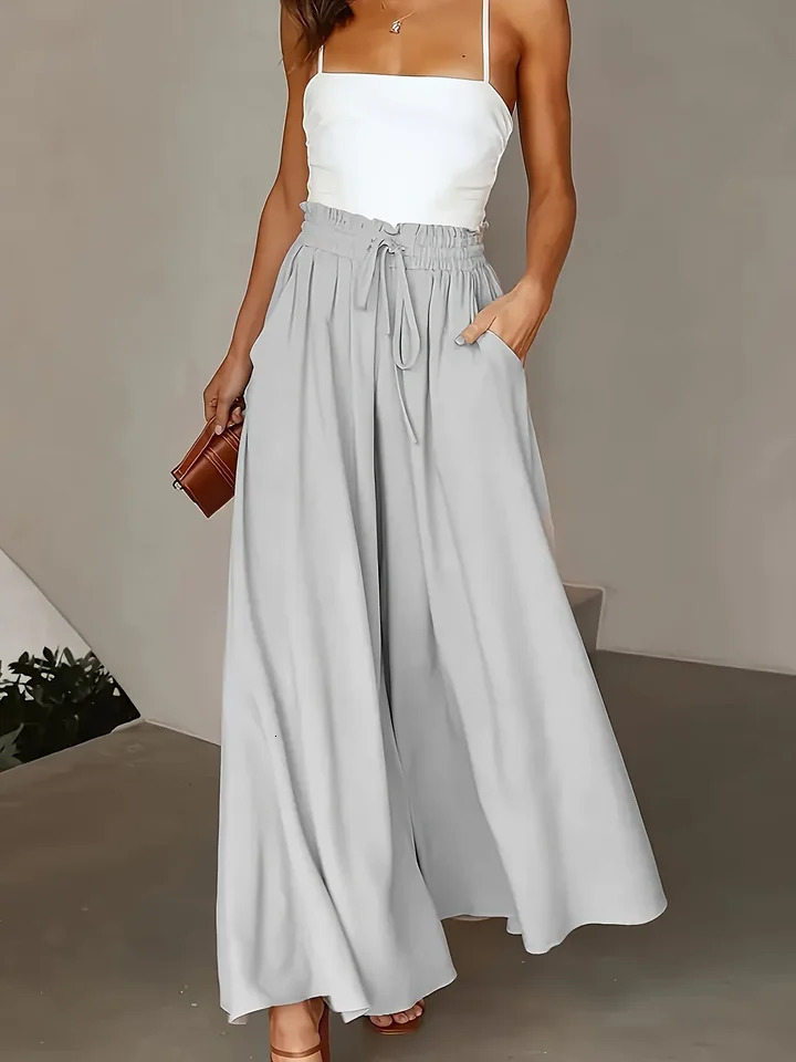 Plus Size Wide Leg Pants Comfortable Slight Stretch FabricElegant Solid Color Po cket DetailsDrawstring Elastic Wai 250207