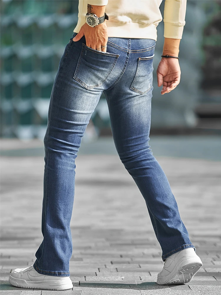 Simple and fashionable mens jeans slim-fit stretch flared pants mens washed denim trousers. 250206