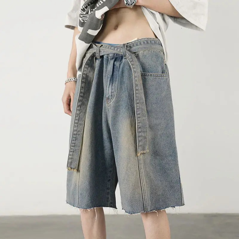 Summer Men Distress Vintage Cargo Denim Shorts Harajuku Streetwear Fashion Straight Baggy Casual Knee Length Short Jeans 250207