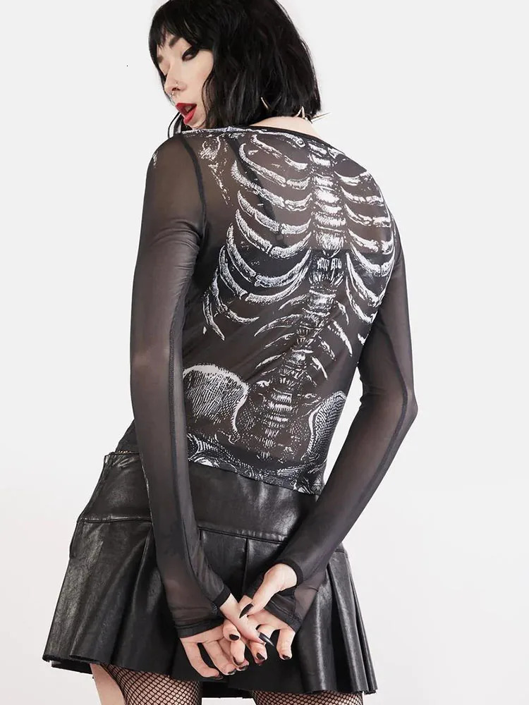 Gothic Punk Shirt 2000s Women Skeleton Pattern Round Neck Long Sleeve Crop Top Black Dark Academia Clothes y2k Tees Streetwear 250206