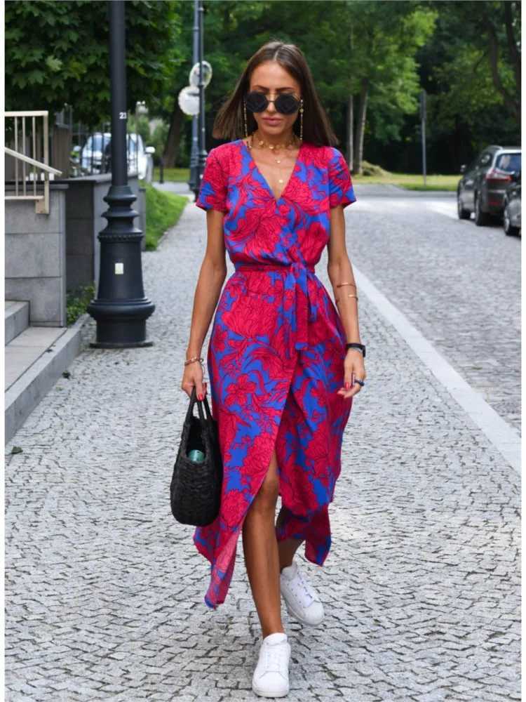 Women Floral Print Long Dresses Summer Sexy V Neck Split Lace-up Dress Fe Casual Ele Short Sve Beach Dress VestidosXJ2500207