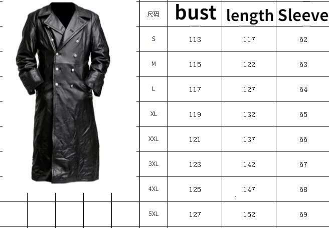 Men's Leather Jacket PU Men's Classic German WWII Military Uniform Officer Black Leather Trench Coat