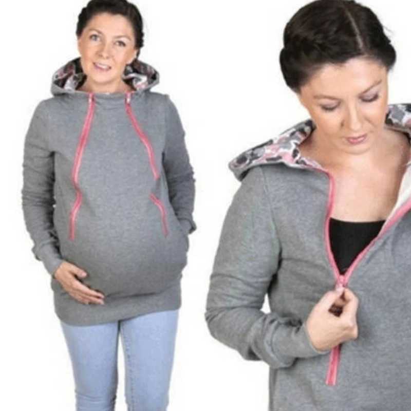 Hoodie Pregnancy Women Kangaroo Carrier 2024 Spring Autumn Maternity Women Casual Sweatershirt Coat With Zipper Pocket B0061 W250207
