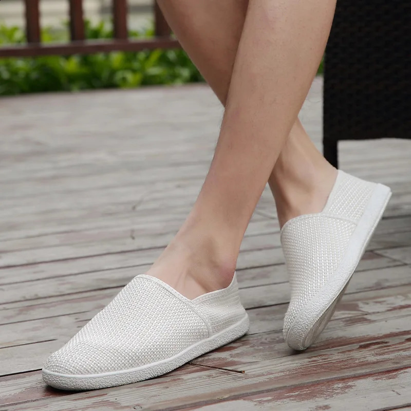 en Breathable Casual Flats Shoes Mens Canvas Loafers Fashion Men Slip on Fisherman Driving Footwear White 250219
