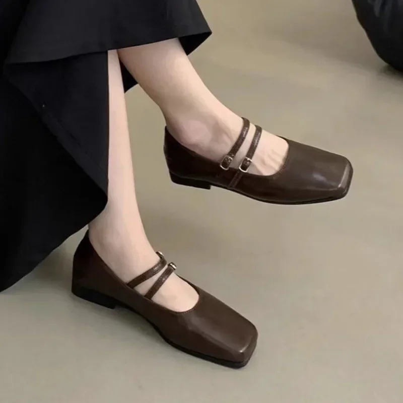 Shoes for Women 2024 Fashion One-word Buckle Womens Flats Spring Square Toe Solid Shallow Mouth Dress Daily Mary Jane Shoes 250206