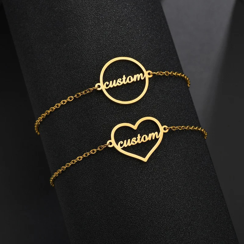 Customized Heart Circle Name Bracelet Personalized Stainless Steel Custom Nameplate Bangle Jewelry Birthday Gift 250206