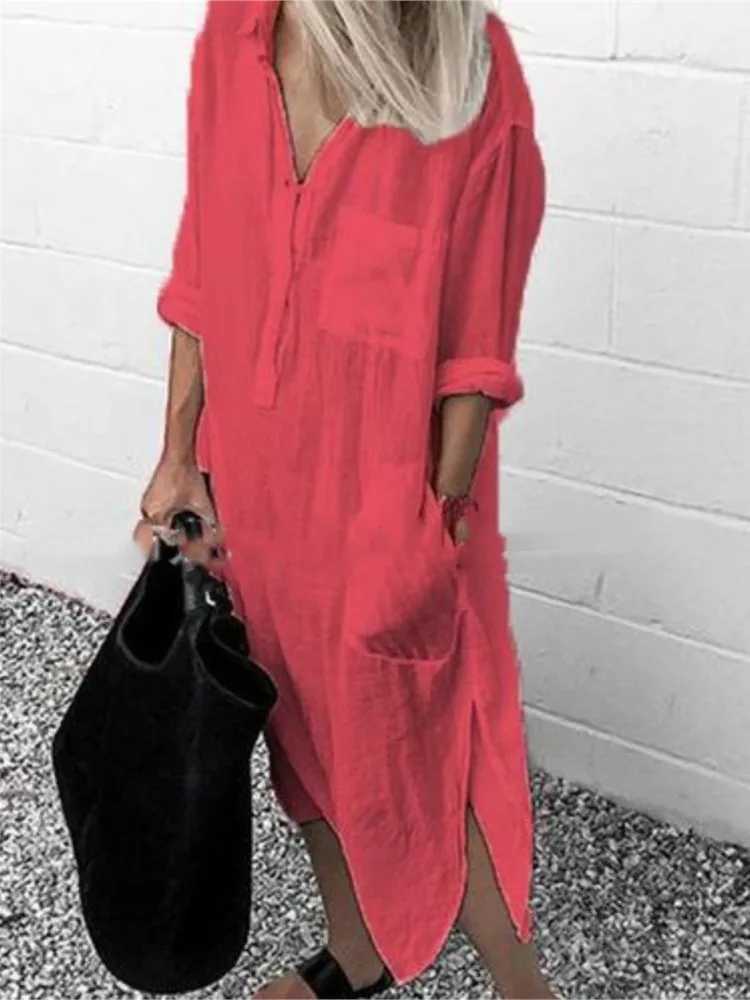 Spring Summer Womens Solid Color Loose Split Shirt Midi Dress Ele Casual Button Pocket V-Neck Long Sve Long Dress 2024XJ2500207
