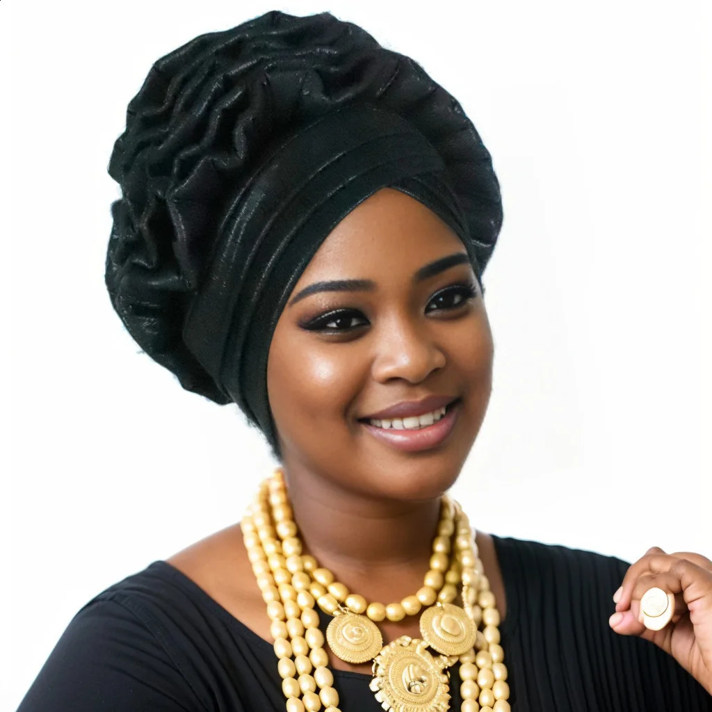 Fashion Women Elastic Ruffle African Turban Cap Lady Head Wraps Nigeria Wedding Auto Gele Headtie Party Headgear Headwear Hat 250207