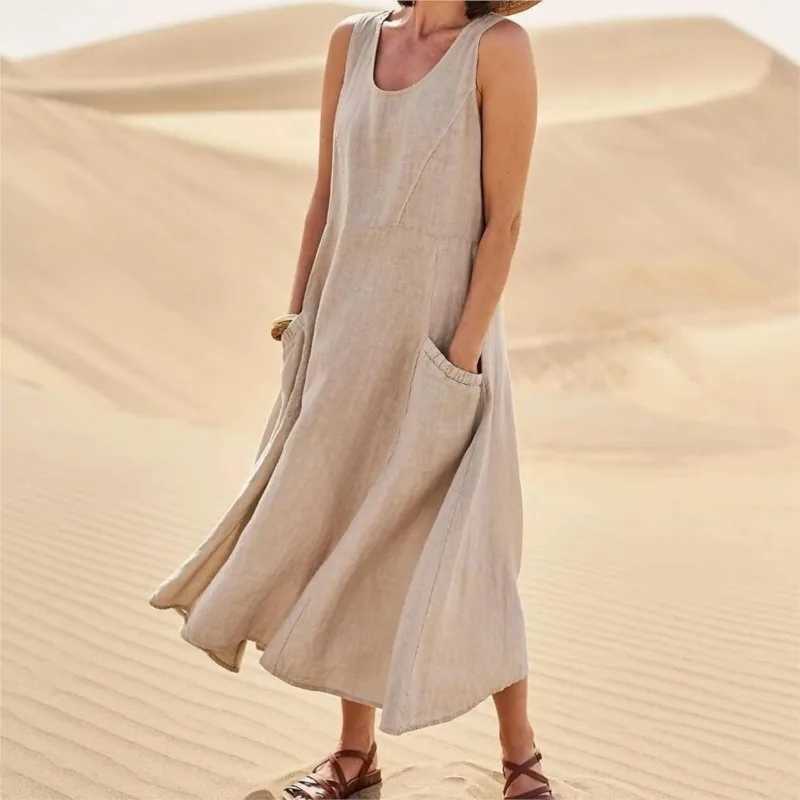 Summer Pocket Sveless Round Neck Womens Cotton And Linen Dress Lady Loose Solid Color Pullover Big Swing Orange Red DressXJ2500207