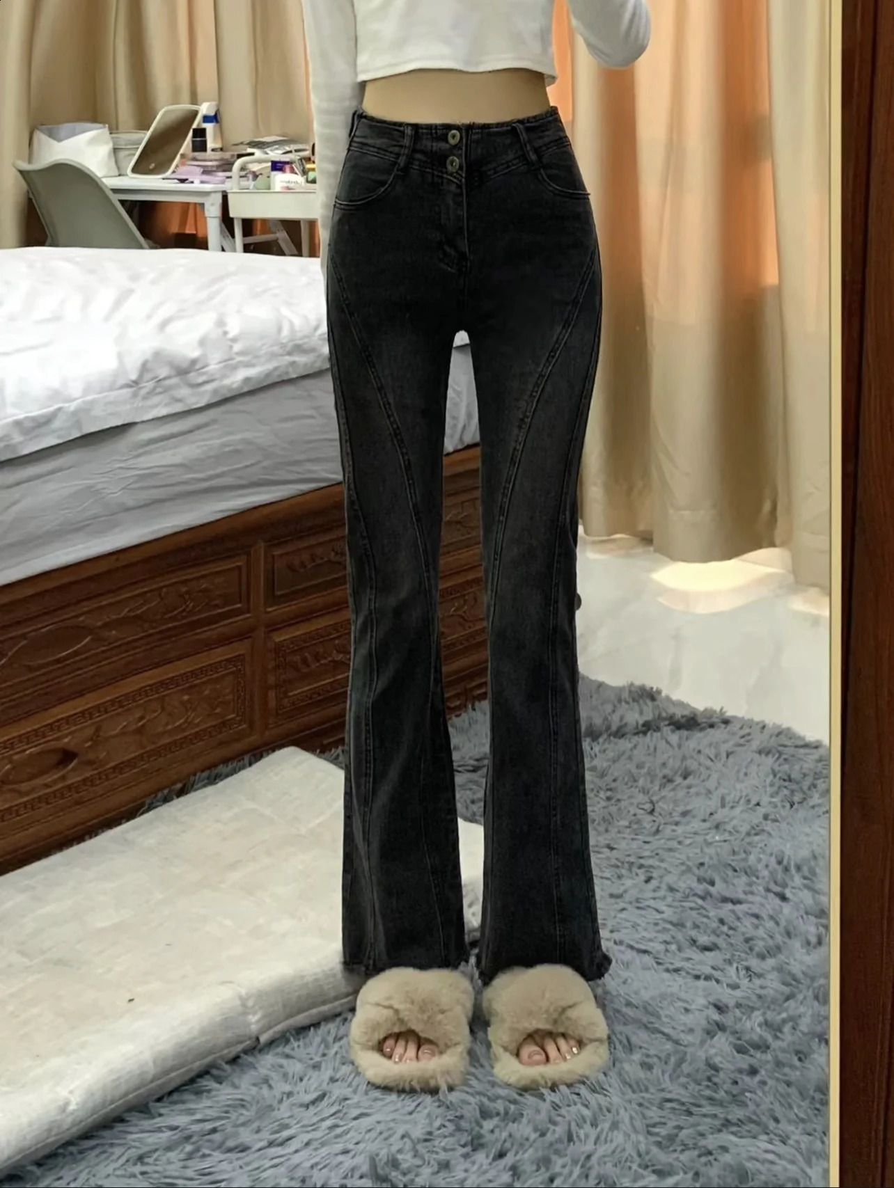 145 Petite girls retro bootcut jeans for women high waist straight slim stretch xs ninepoint flared pants 250206