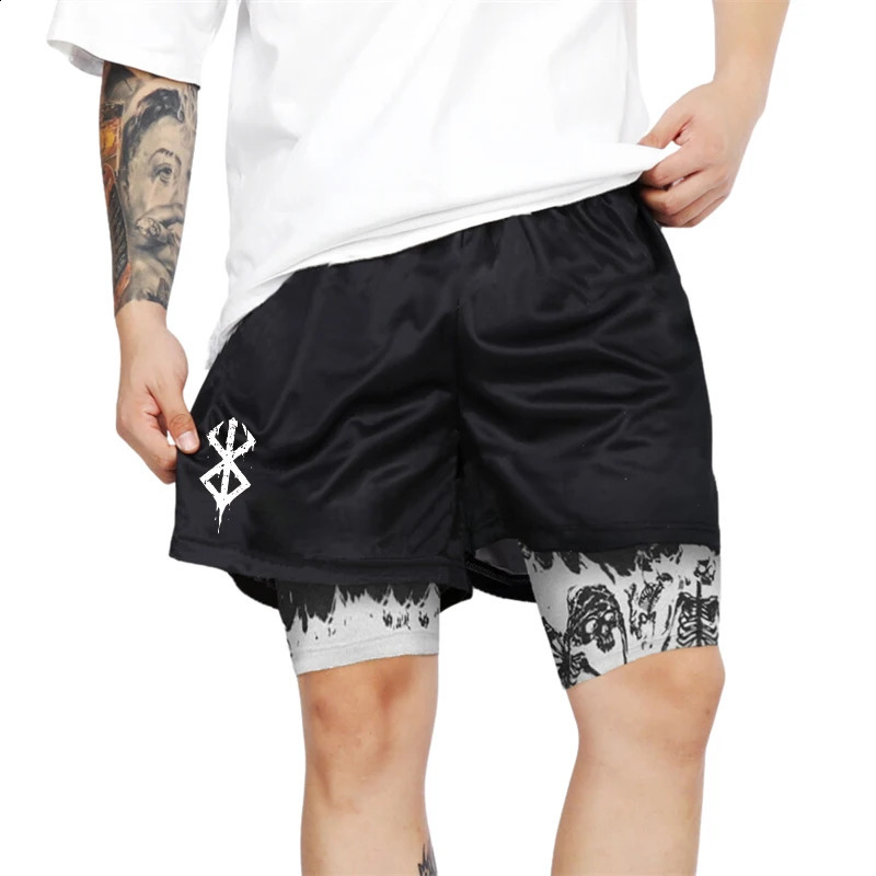 Berserk Print 2 in 1 Running Shorts for Men Gym Workout Fitness Athletic Shorts with Pockets Summer Activewear Quick Dry Stretch 250206
