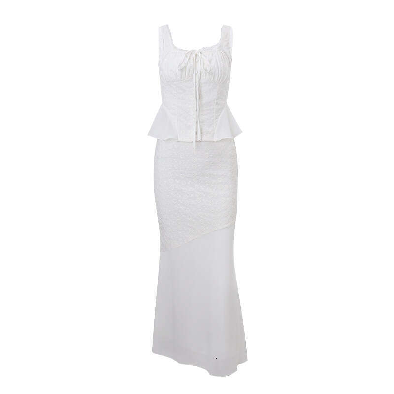 Summer Ins Style Square Collar Lace Top High Waist and Slimming Fishtail Skirt Set for Women 2025 New Casual Fashion Trendy Clothing