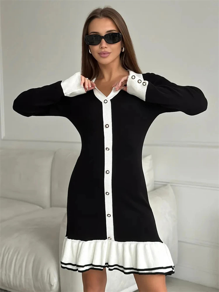 Ruffled Bow Knit Mini Dress Summer Backless Contrast Cardigan LaceUp Elegant Female Knitwear Bandage 250206