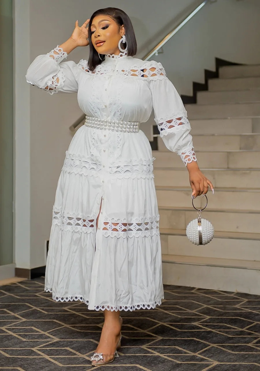 2024 Style Women Dress Plus Size 5XL Hollow Out Lace Patchwork Solid Color Round Neck Long Dress Pearls Belt Buttons Gowns 250207