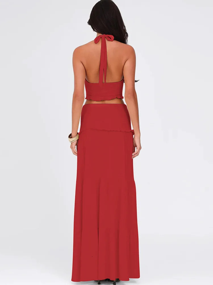 Mozision Sexy Sleeveless Skirt Two Pieces Sets For Women V-neck Hollow Out Crop Tops And Long Skirt Patchwork Two Pieces Sets 250206