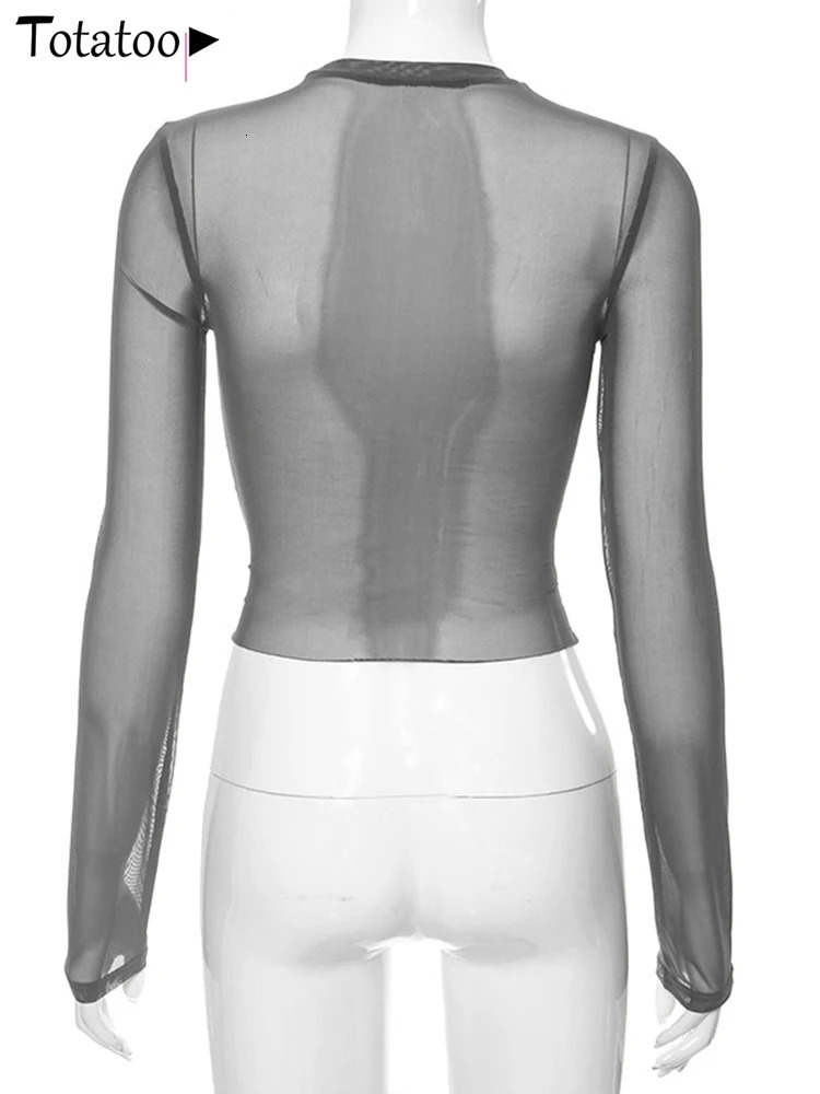 Totatoop Print Holes Mesh Transparent Sexy T Shirts For Women Summer Round Neck Long Sleeve Skinny Crop Tops Night Clubwear 250206