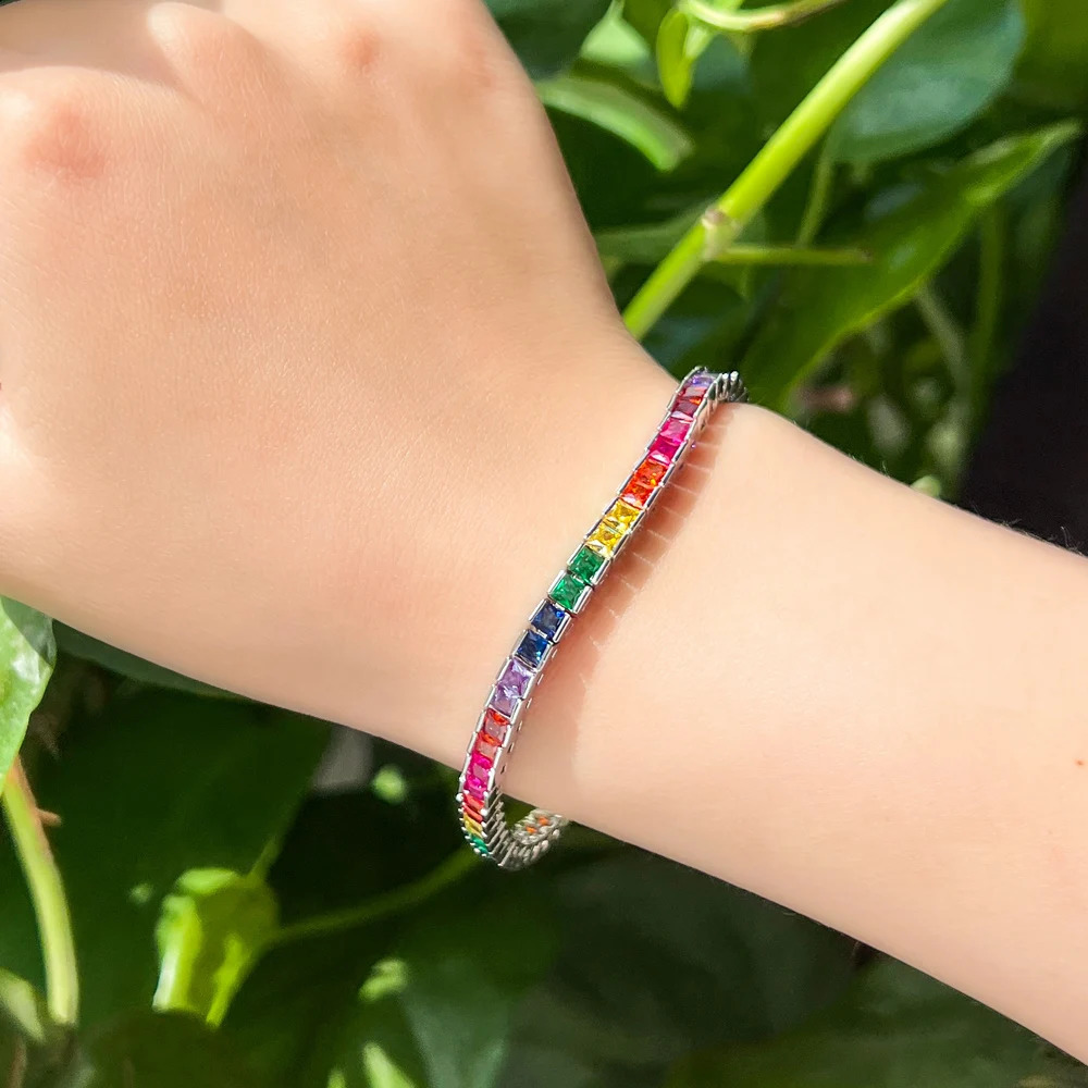 CWWZircons Shiny 5A Cubic Zircon Fine Fashion Rainbow Colorful Iced Out Sqaure CZ Tennis Chain Bracelet for Women CB294 250207