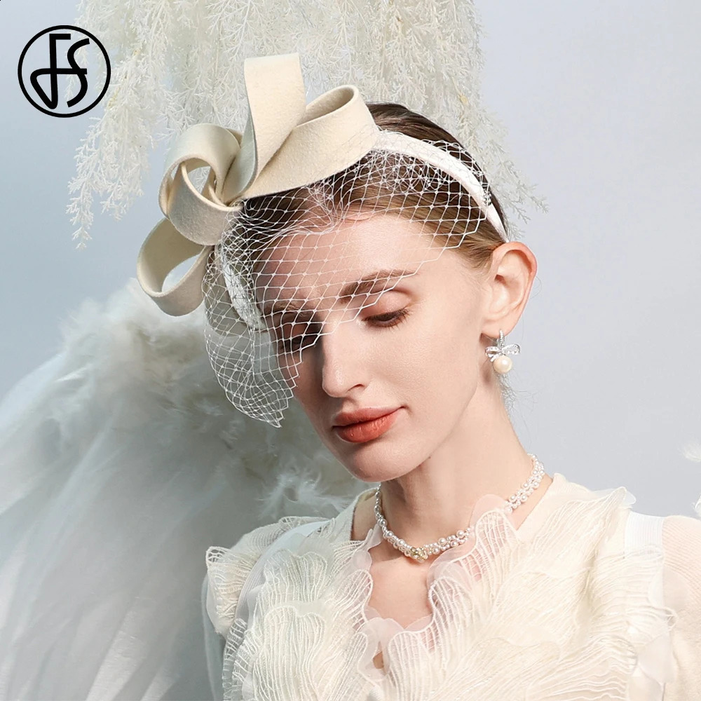 Wool Felt Fascinators White Wedding Hats For Women With Veil Bowknot Cocktail Tea Party Hat Lady Elegant Church Dress Derby Cap 250207