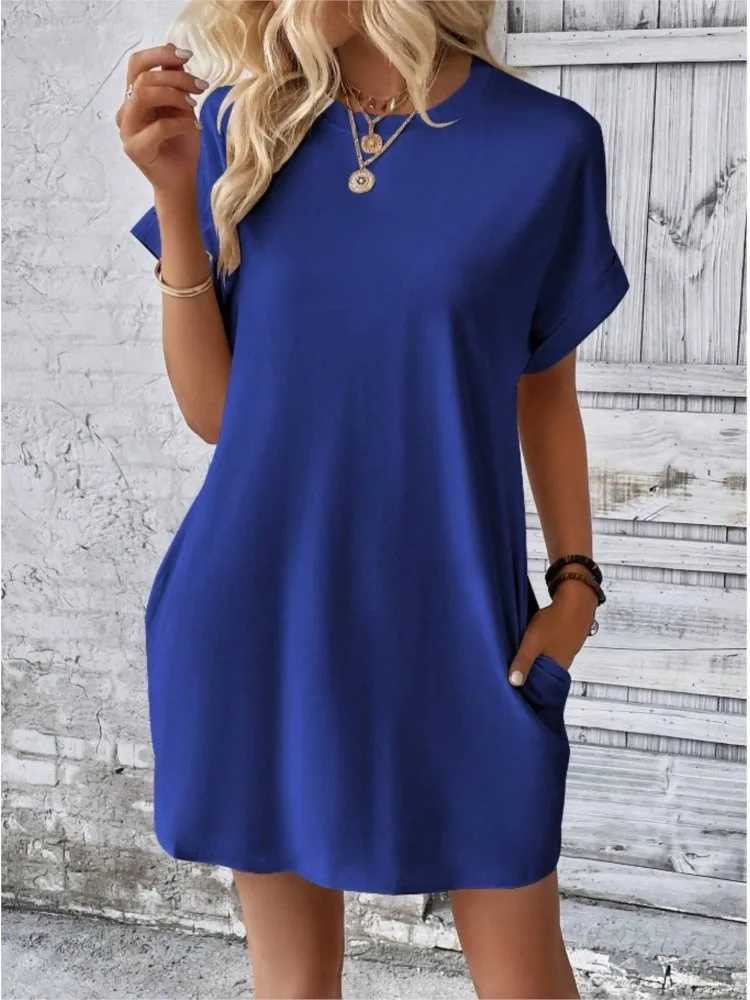 Fashion Boho Resort Style Beach Dresses For Women 2024 New Summer Solid Color O Neck Loose Short Sve Pocket Mini Dress FemmeXJ2500207