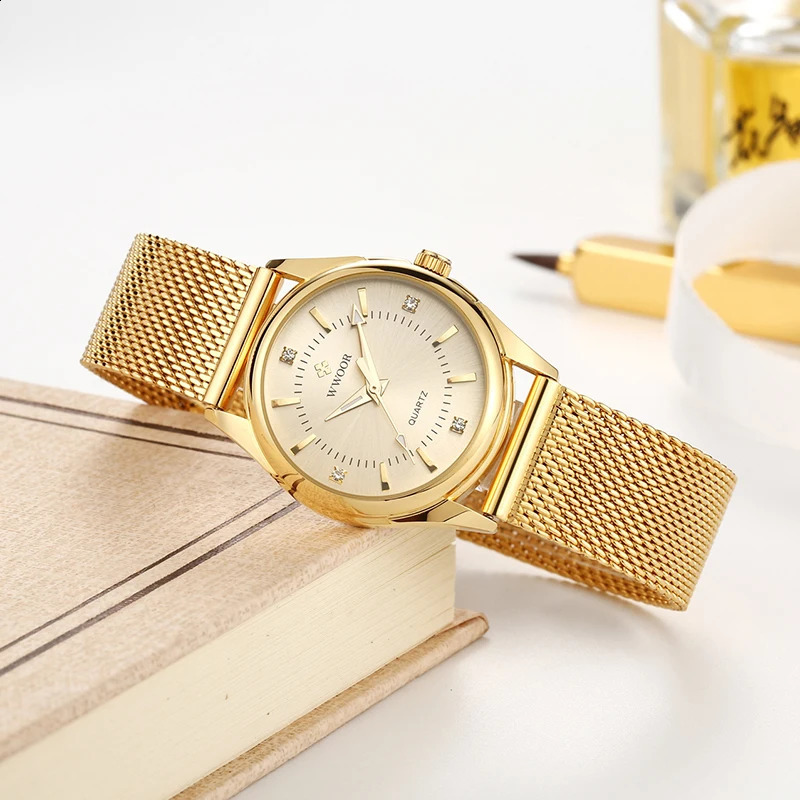 WWOOR Dress Gold Watch Ladies Elegant Diamond Small Quartz Wrist Watches For Women Steel Mesh Clock zegarek damski 250121