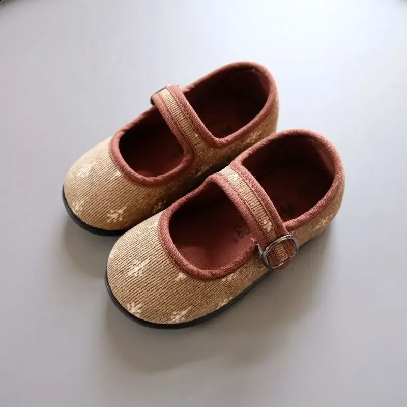 Korean Version Corduroy Floral Canvas Shoes Girls Square Mouth Indoor Shoes Soft Soled Non-slip Baby Casual Shoes Zapatillas 250206