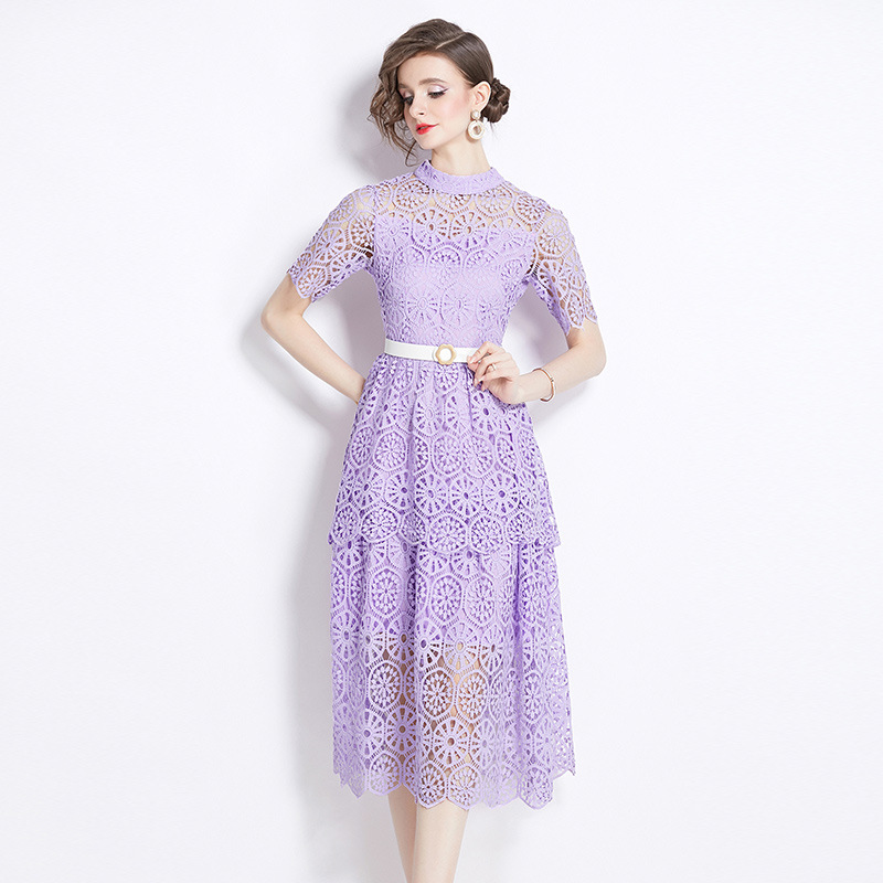 L3135 New embroidered water-soluble lace dress Stand-up collar hollow purple skirt summer female high-end feeling