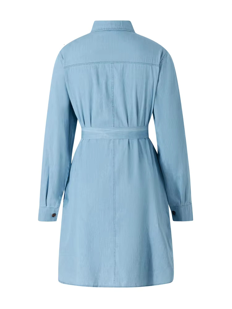 Women Autumn Denim Shirt Solid Color Long Sleeve Button-Down Lapel Short Dress With Belt